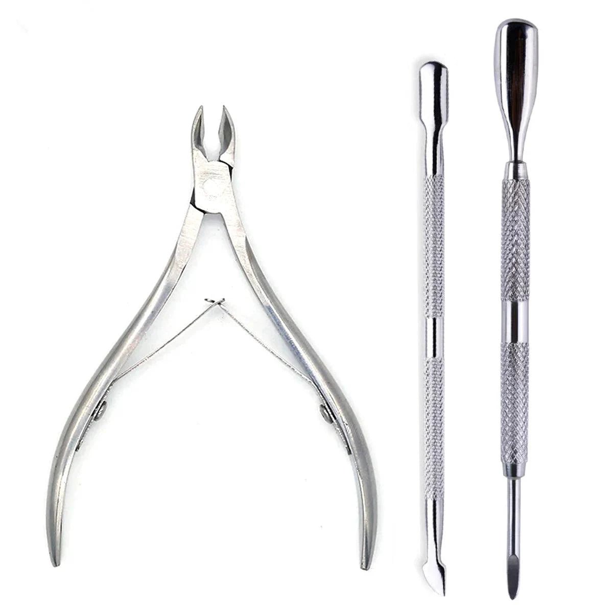 Mandotos 4-piece stainless steel nail cutter set with scissors, nippers, cuticle pusher, and remover for professional nail care.