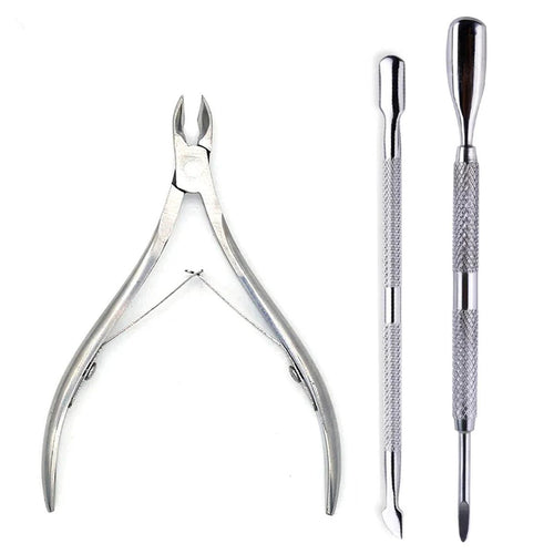 Mandotos 4-piece stainless steel nail cutter set with scissors, nippers, cuticle pusher, and remover for professional nail care.
