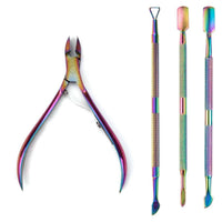 Mandotos 4-piece professional stainless steel nail cutter and scissors set with cuticle pusher for manicure and nail care.