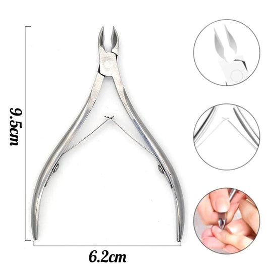 Mandotos 4-piece stainless steel nail care set with nail cutter, scissors, nippers, and cuticle pusher for professional manicure tasks.