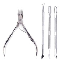 Mandotos 4-piece stainless steel nail care set with nail cutter, scissors, nippers, and cuticle pusher for manicure grooming.