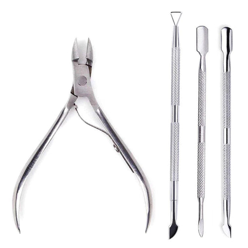 Mandotos 4-piece stainless steel nail care set with nail cutter, scissors, nippers, and cuticle pusher for manicure grooming.
