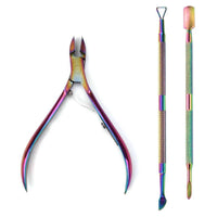 Mandotos 4-piece stainless steel nail care set with nail cutter, scissors, nippers, and cuticle pusher for professional manicure use.