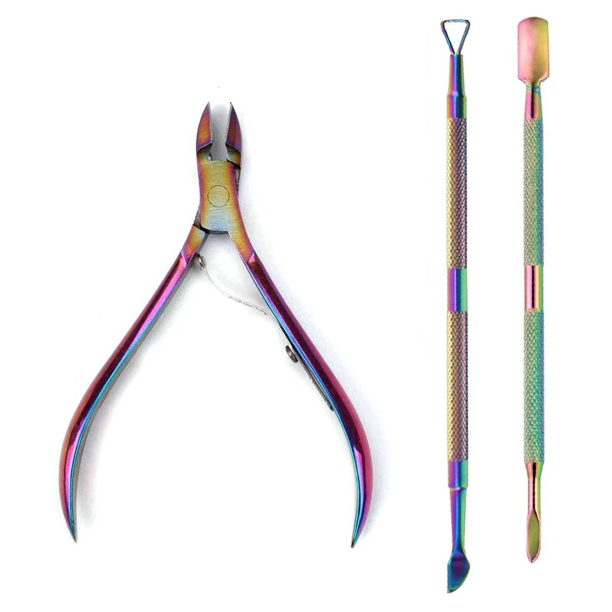Mandotos 4-piece stainless steel nail care set with nail cutter, scissors, nippers, and cuticle pusher for professional manicure use.