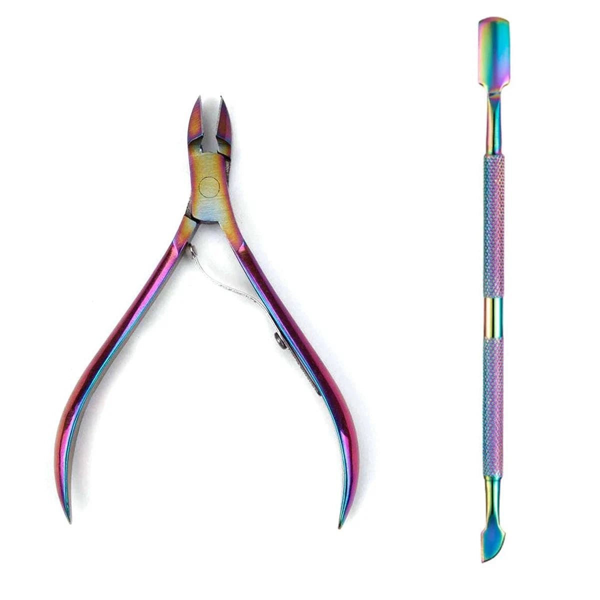 Mandotos 4-pack stainless steel nail cutters, scissors, nippers, and cuticle pushers for professional nail care and manicure grooming.
