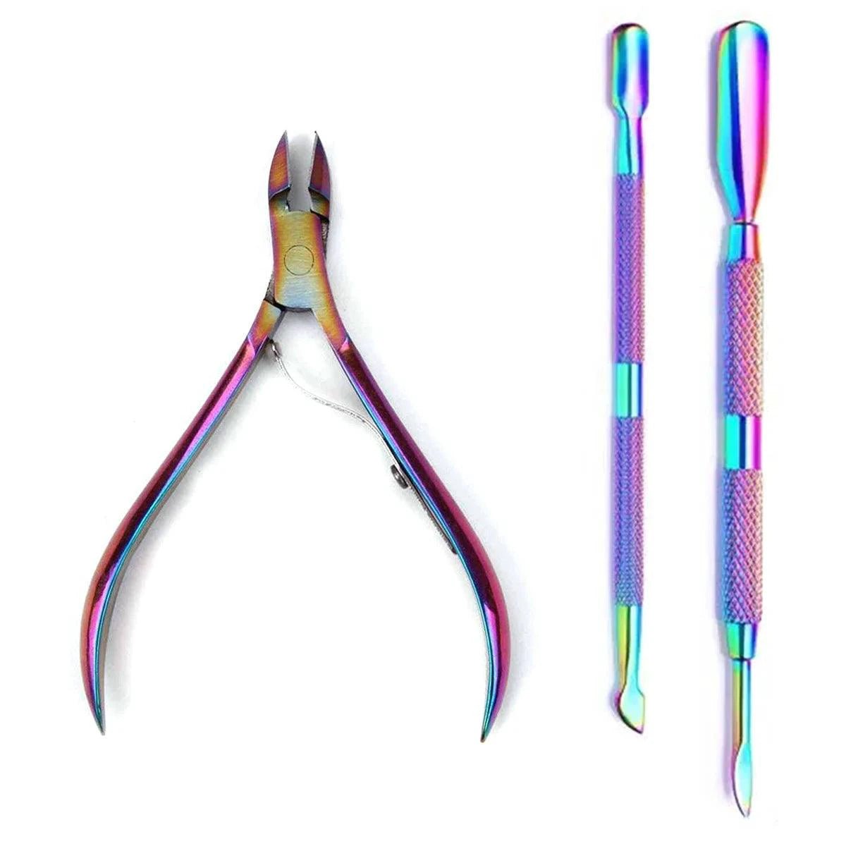 Mandotos 4-piece stainless steel nail cutter and scissors set with cuticle pusher and nippers for professional nail care and manicure.