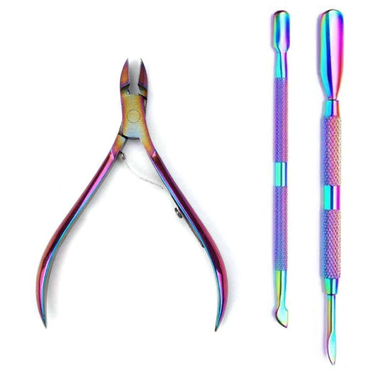 Mandotos 4-piece stainless steel nail cutter and scissors set with cuticle pusher and nippers for professional nail care and manicure.