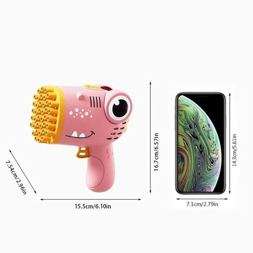 Mandotos 40-hole dinosaur-shaped handheld bubble machine emitting colorful bubbles for outdoor weddings and parties.