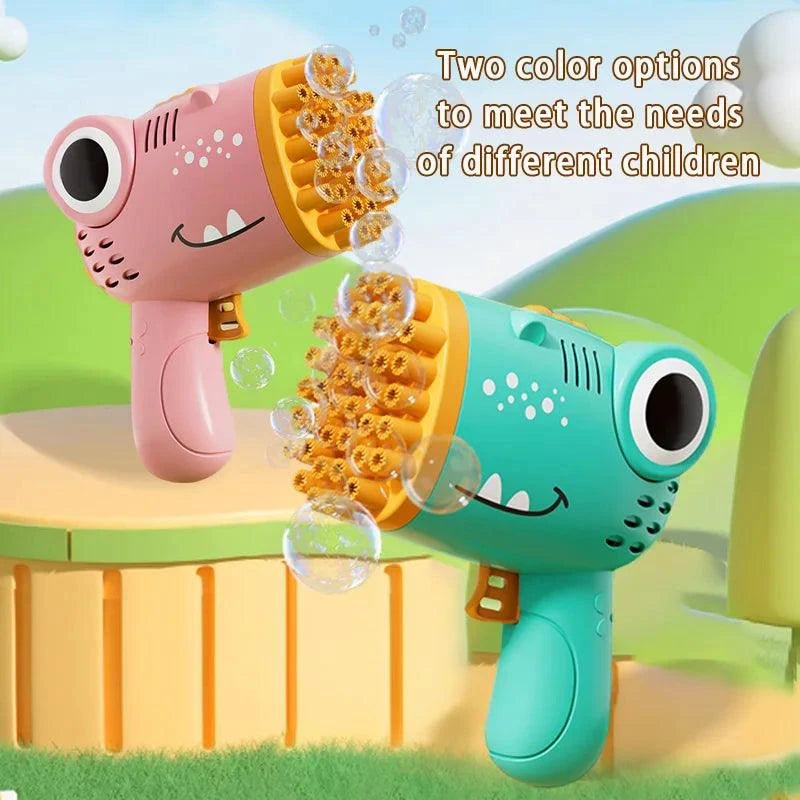 Mandotos 40-hole dinosaur bubble machine, handheld electric bubble gun for outdoor weddings and parties with colorful bubbles.
