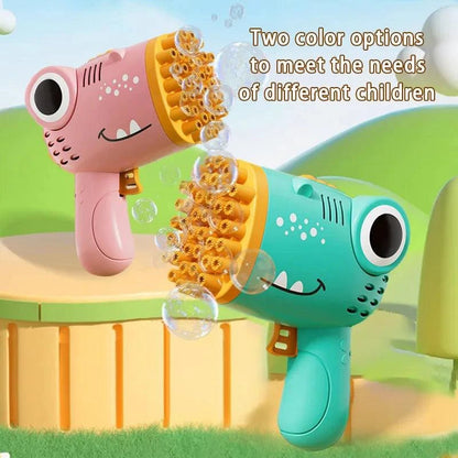 Mandotos 40-hole dinosaur bubble machine, handheld electric bubble gun for outdoor weddings and parties with colorful bubbles.