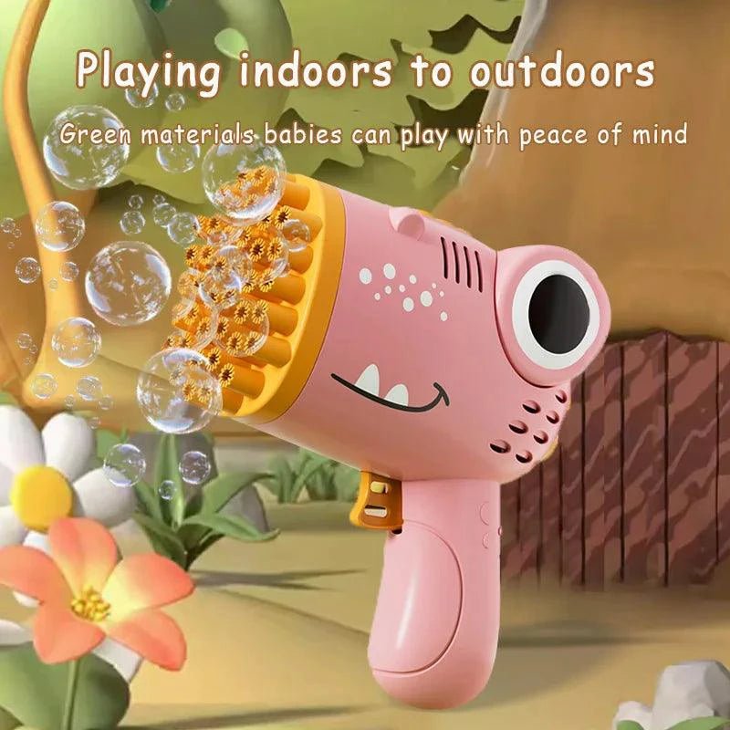 Mandotos 40-hole dinosaur bubble machine, handheld electric bubble gun for outdoor weddings and parties with colorful bubbles.