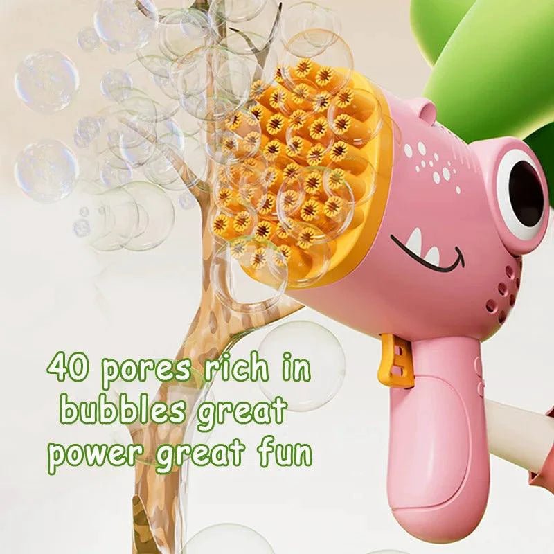 Mandotos 40-hole dinosaur-shaped handheld bubble machine, electric bubble gun for outdoor wedding and party fun.