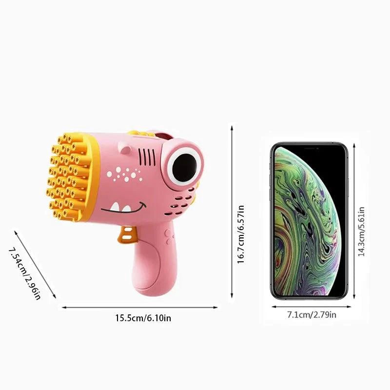 Mandotos 40-hole dinosaur-shaped handheld bubble machine with electric bubble gun for outdoor weddings and parties.