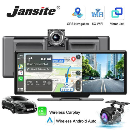 Mandotos 4K 10.26-inch mirror dash cam with CarPlay and Android Auto, showing the reflective screen and dashboard display.