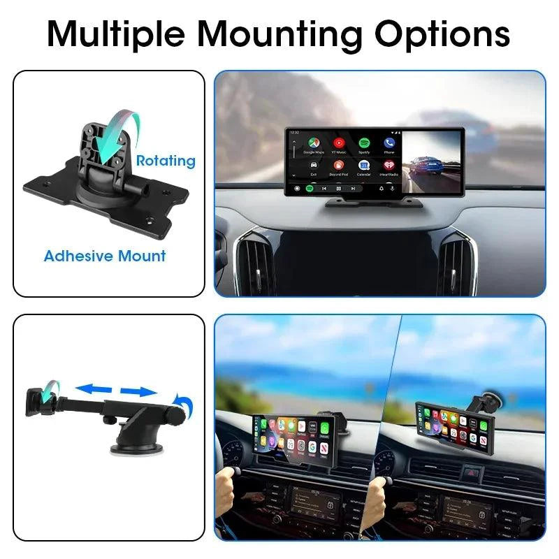MANDOTOS 4K 10.26-inch mirror dash cam with CarPlay and Android Auto, showing the screen displaying driving footage and interface.