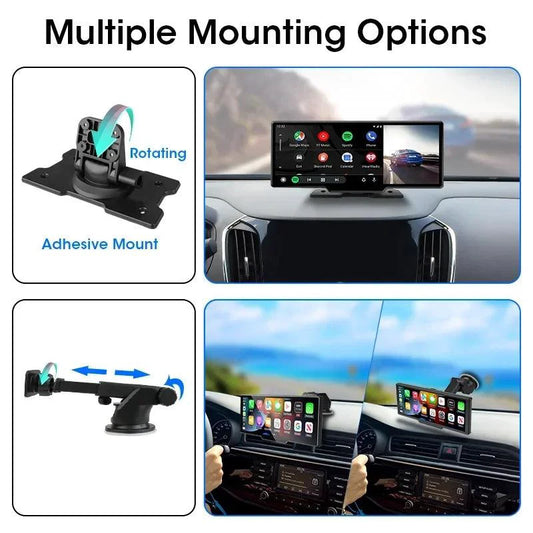 MANDOTOS 4K 10.26-inch mirror dash cam with CarPlay and Android Auto, showing the screen displaying driving footage and interface.