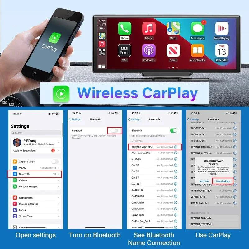 Mandotos 4K 10.26-inch mirror dash cam with CarPlay and Android Auto showing the dashboard display in a car interior.