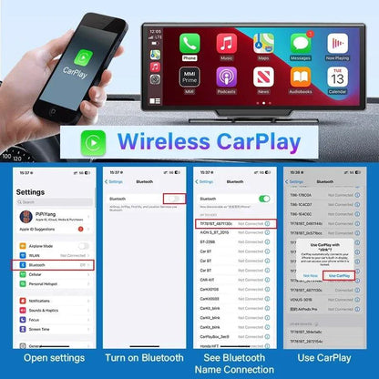 Mandotos 4K 10.26-inch mirror dash cam with CarPlay and Android Auto showing the dashboard display in a car interior.