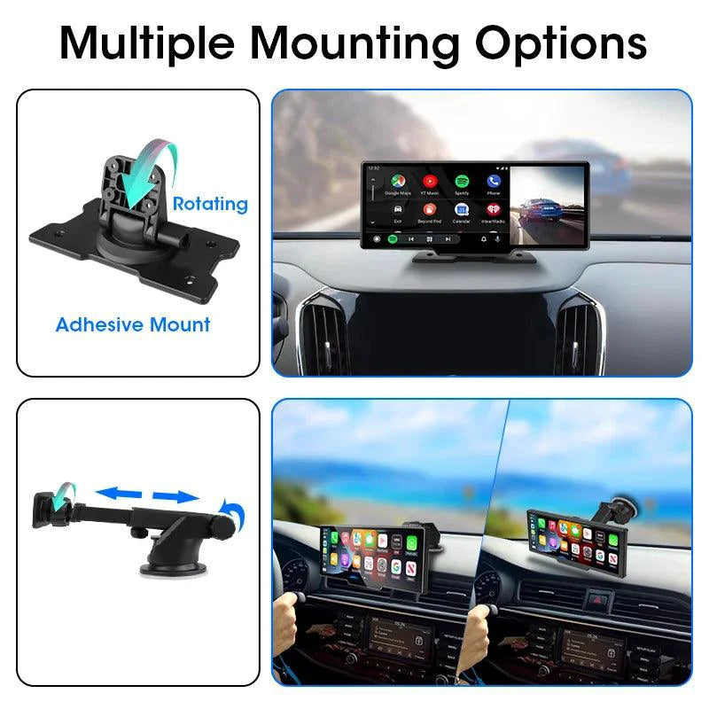 Mandotos 4K 10.26-inch mirror dash cam with Carplay and Android Auto showing the screen in a car interior.