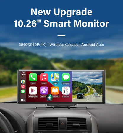 Mandotos 4K 10.26-inch mirror dash cam with CarPlay and Android Auto, showing the screen displaying live video feed and controls.