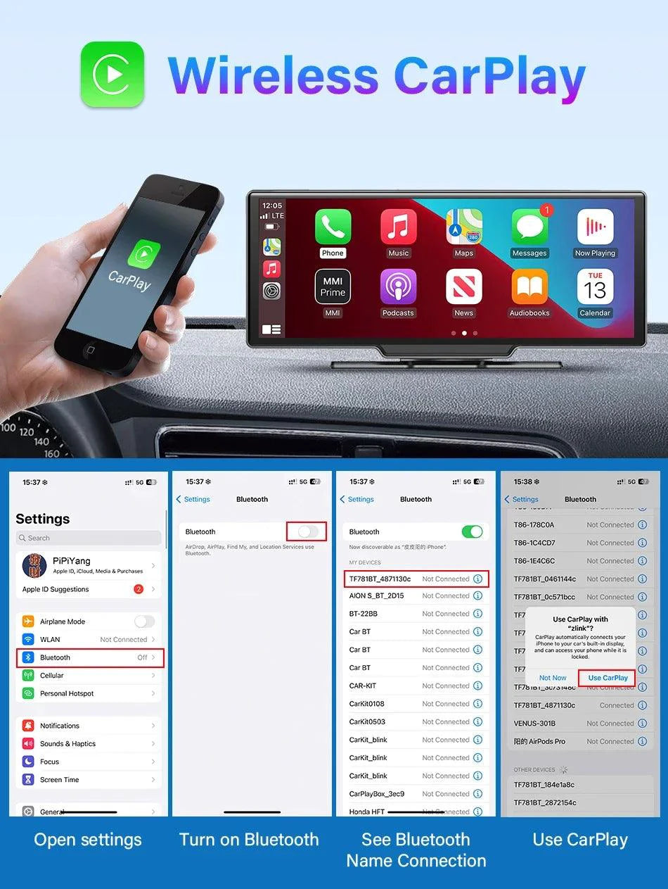 MANDOTOS 4K 10.26-inch mirror dash cam with Carplay and Android Auto, showing the sleek screen display and dashboard view.