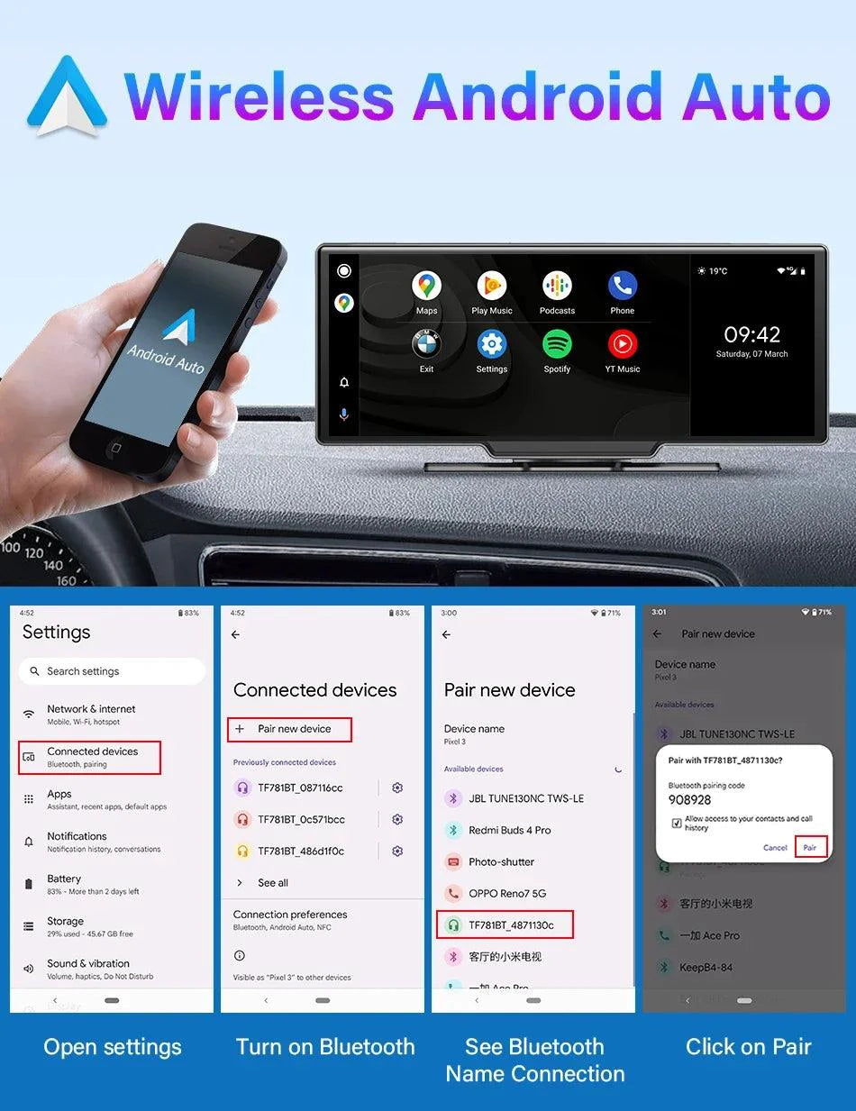 Mandotos 4K 10.26-inch mirror dash cam with CarPlay and Android Auto installed in a vehicle interior.