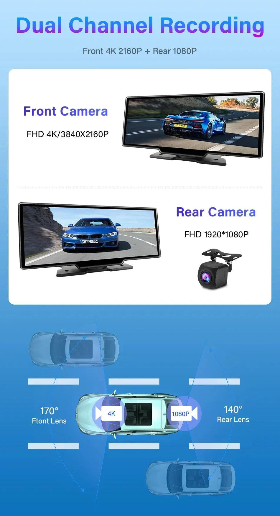 Mandotos 4K 10.26-inch mirror dash cam with CarPlay and Android Auto showing the reflective screen and camera lens.