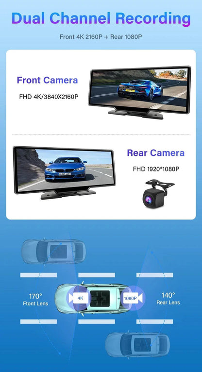 Mandotos 4K 10.26-inch mirror dash cam with CarPlay and Android Auto showing the reflective screen and camera lens.