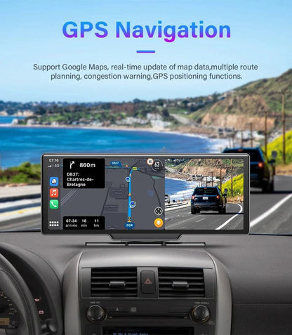Mandotos 4K 10.26-inch mirror dash cam with CarPlay and Android Auto displaying the screen mounted on a car dashboard.
