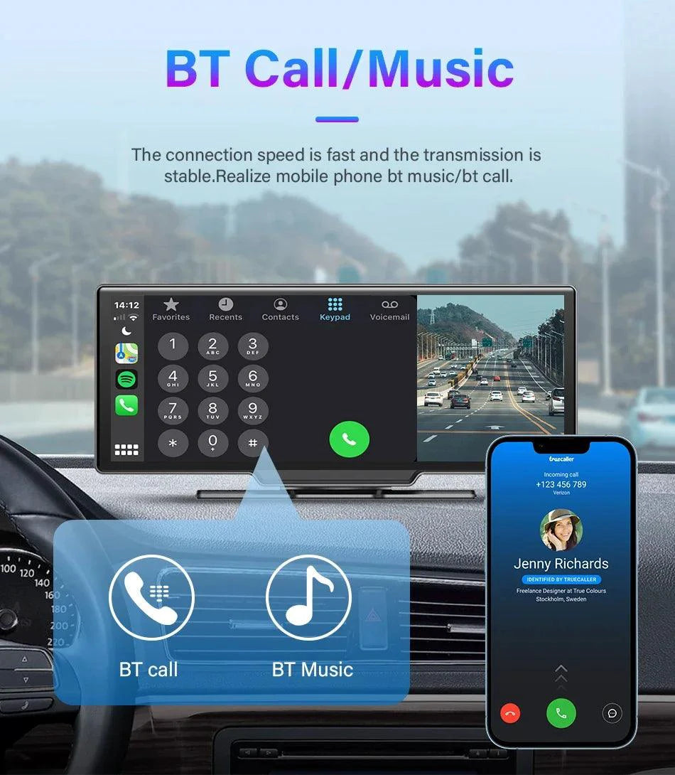 Mandotos 4K 10.26-inch mirror dash cam with Carplay and Android Auto showing front view in a car interior.
