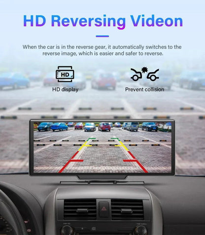 Mandotos 4K 10.26-inch mirror dash cam with Carplay and Android Auto, showing the camera screen mounted inside a vehicle.