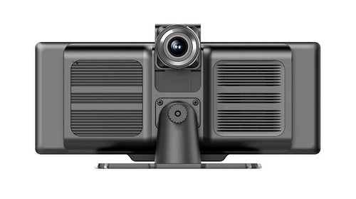 Mandotos 4K 10.26-inch mirror dash cam with CarPlay and Android Auto, showing the reflective screen in a vehicle interior.