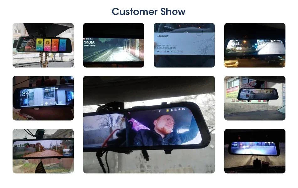 Mandotos 4K 10.26-inch mirror dash cam with Carplay and Android Auto, showing the camera display on the reflective mirror surface.