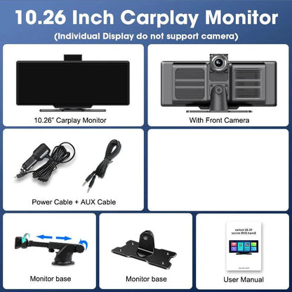 Mandotos 4K 10.26-inch mirror dash cam with CarPlay and Android Auto, showing front view with sleek display and camera lens.