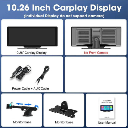 Mandotos 4K 10.26-inch mirror dash cam with CarPlay and Android Auto showing the display mounted on a car's windshield