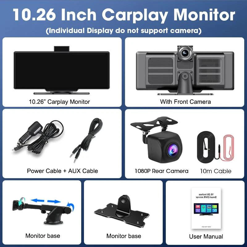 Mandotos 4K 10.26-inch mirror dash cam with CarPlay and Android Auto installed in a car interior.
