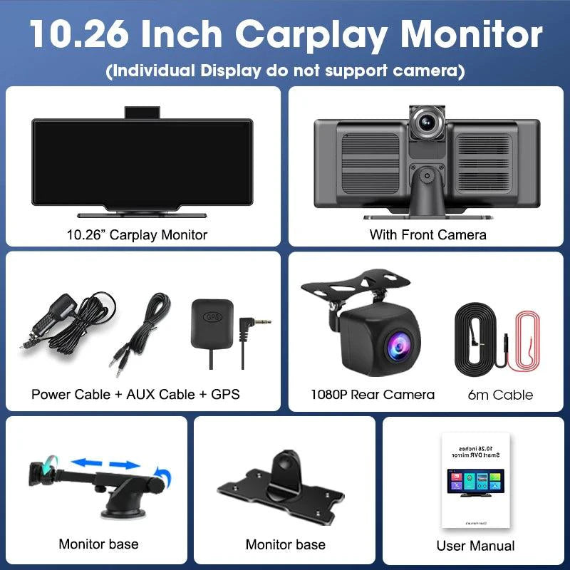 Mandotos 4K 10.26-inch mirror dash cam with Carplay and Android Auto, showing the screen mounted on a car's windshield.
