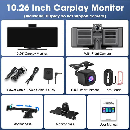 Mandotos 4K 10.26-inch mirror dash cam with Carplay and Android Auto, showing the screen mounted on a car's windshield.