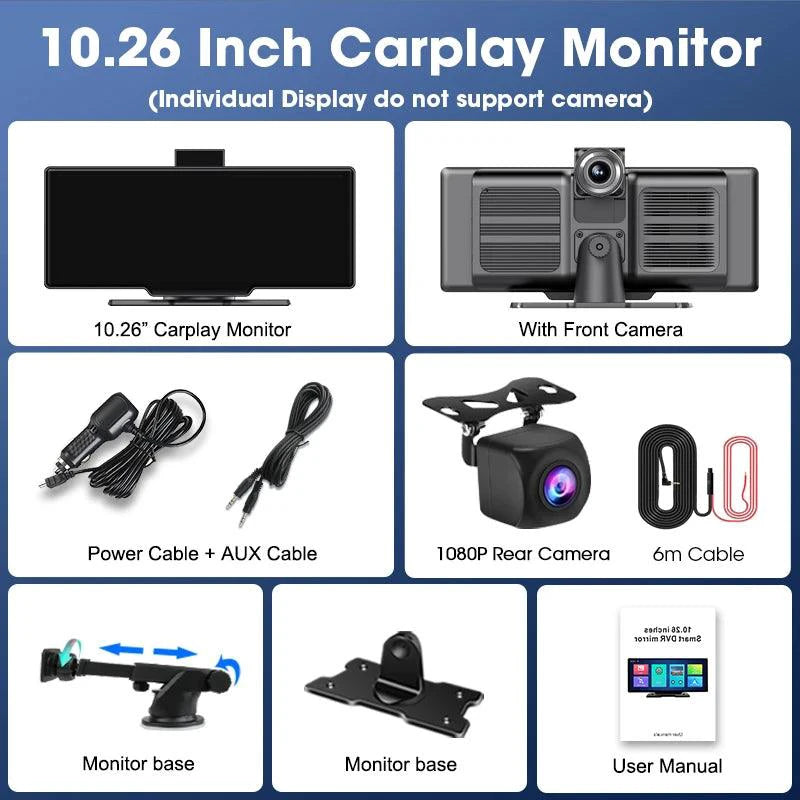 Mandotos 4K 10.26-inch mirror dash cam with Carplay and Android Auto, showing the reflective screen with dashboard view