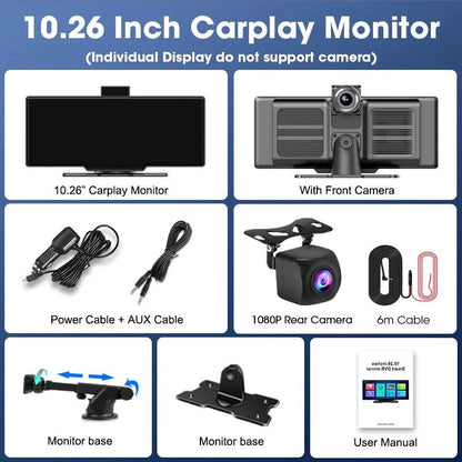 Mandotos 4K 10.26-inch mirror dash cam with Carplay and Android Auto, showing the reflective screen with dashboard view