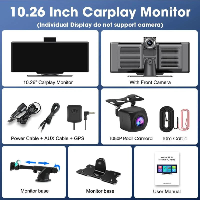 MANDOTOS 4K 10.26-inch mirror dash cam with CarPlay and Android Auto, showing the camera display on the reflective screen.