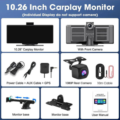 MANDOTOS 4K 10.26-inch mirror dash cam with CarPlay and Android Auto, showing the camera display on the reflective screen.