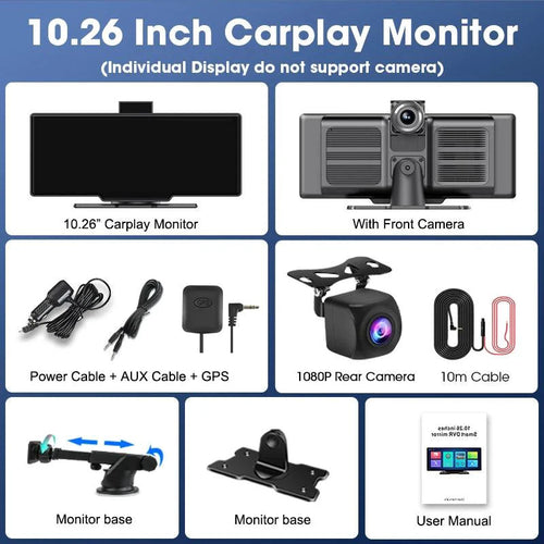 MANDOTOS 4K 10.26-inch mirror dash cam with CarPlay and Android Auto, showing the camera display on the reflective screen.