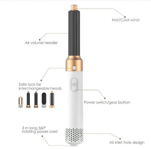 Mandotos 5-in-1 Hair Styler Brush with multiple attachments for styling, drying, and volumizing hair.
