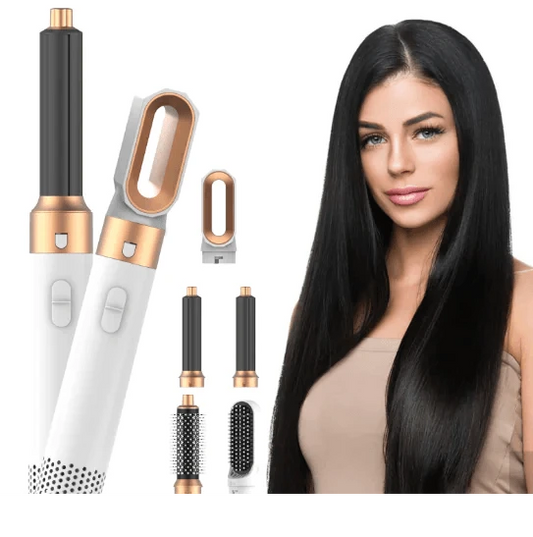 Mandotos 5-in-1 Hair Styler Brush showing various attachments for styling, drying, and smoothing hair.