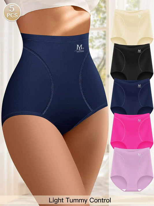 Set of 5 high waist ice silk triangle panties for women by MANDOTOS, breathable, scarless, comfortable summer underwear.