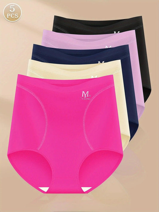 Set of 5 high waist ice silk triangle panties for women, breathable, scarless, comfortable summer underwear by MANDOTOS.