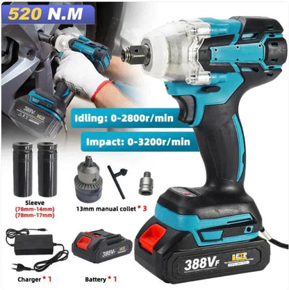 Mandotos 5-piece Pro Electric Wrench Kit with various wrench sizes and electric power tools on a workbench.