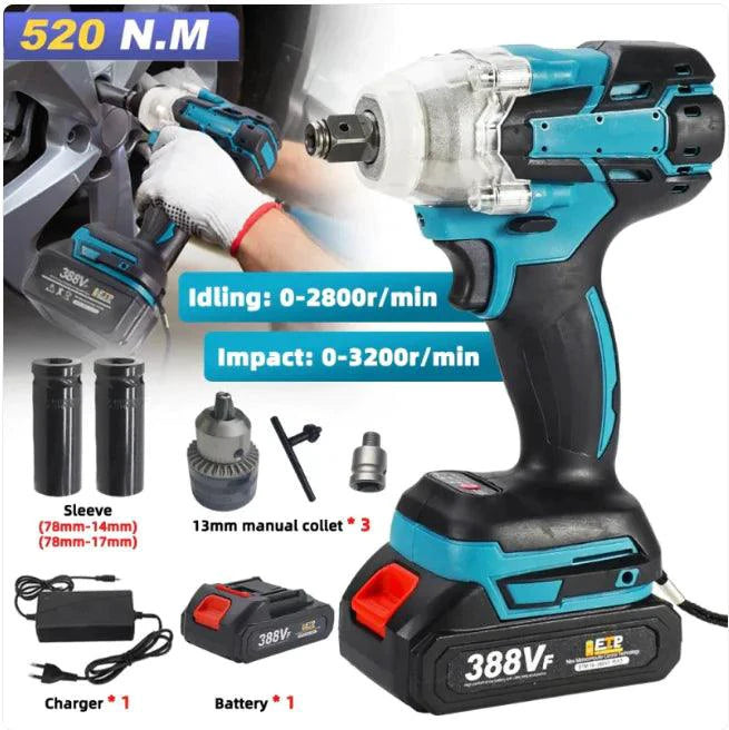Mandotos 5-piece electric wrench kit with cordless wrenches, batteries, and accessories laid out on a workbench.