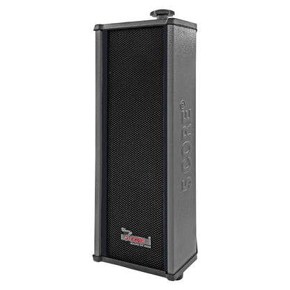 Mandotos 5Core 100W indoor and outdoor stereo speakers showing black weather-resistant speaker units with mounting brackets.